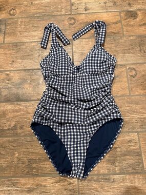 Ellen Tracy Navy & White Gingham Tie-Shoulder One-Piece